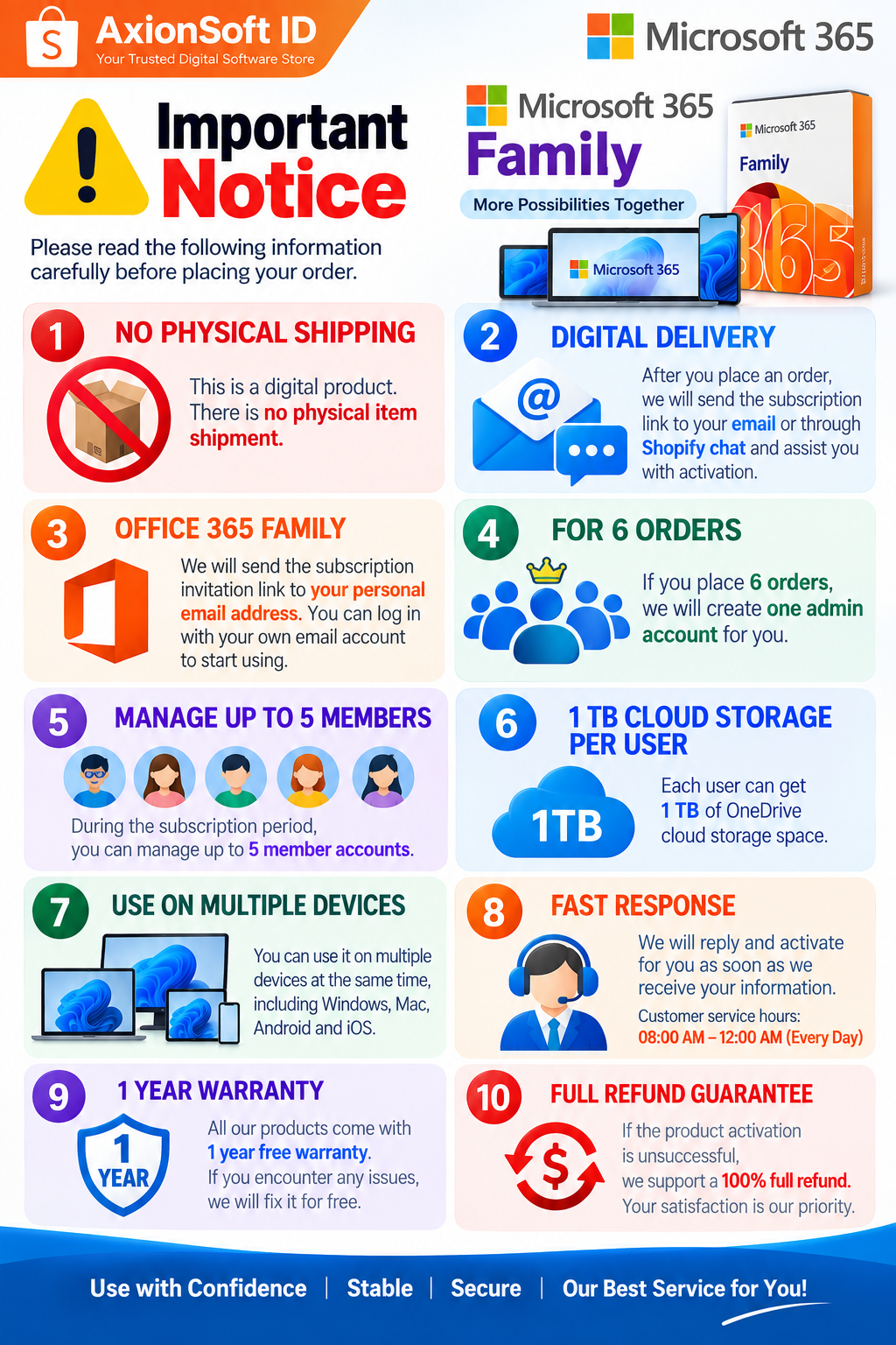 Microsoft Office 365 Family Subscription – 1 year, 1 user, 5 devices, 1TB OneDrive storage
