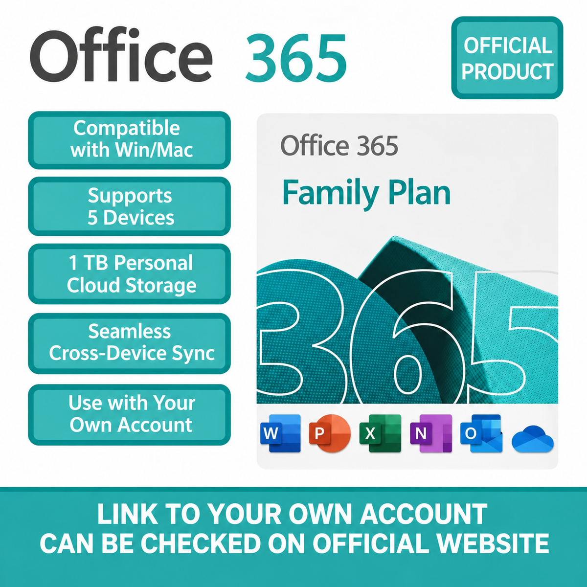 Microsoft Office 365 Family Subscription – 1 year, 1 user, 5 devices, 1TB OneDrive storage
